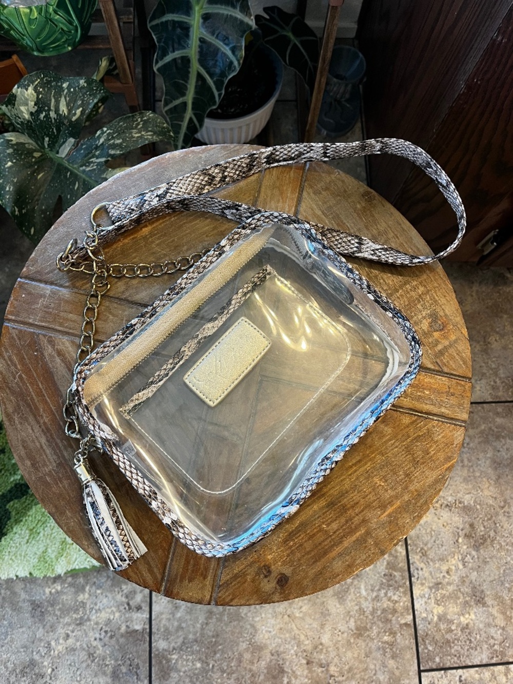 Clear see through stadium bag snake skin print hand bag purse.